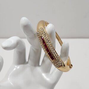 Vintage 90s Christian Dior Gold Tone Hinged Bangle With Red & White Rhinestones